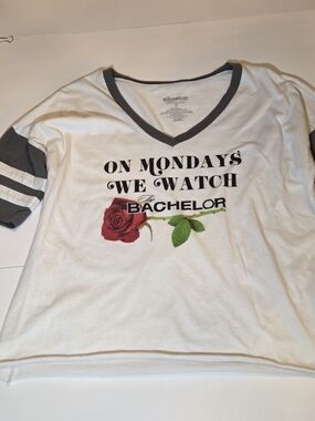 The Bachelor V‑Neck Graphic Tee - White with Charcoal Trim